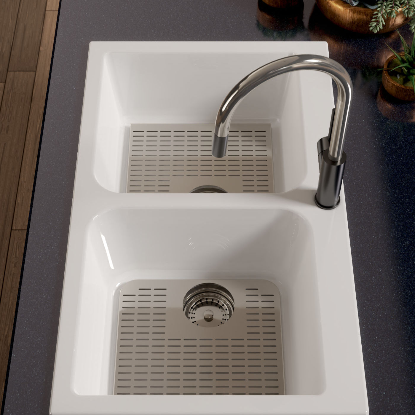 Disegno Ceramica Lavello Pot Sopra e Sottopiano Doppia Vasca da 33" senza Foro