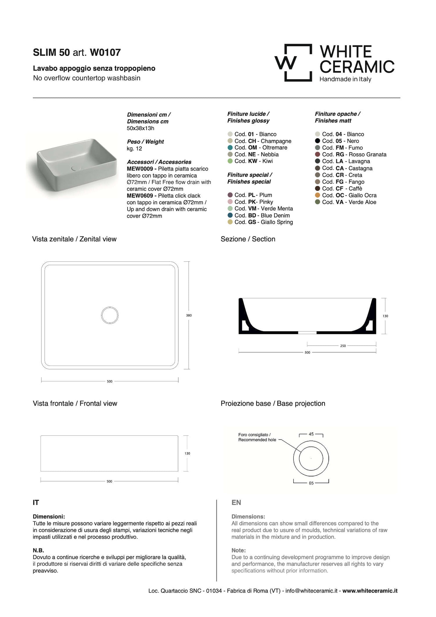 White Ceramic Slim 50 - Lavabo da appoggio