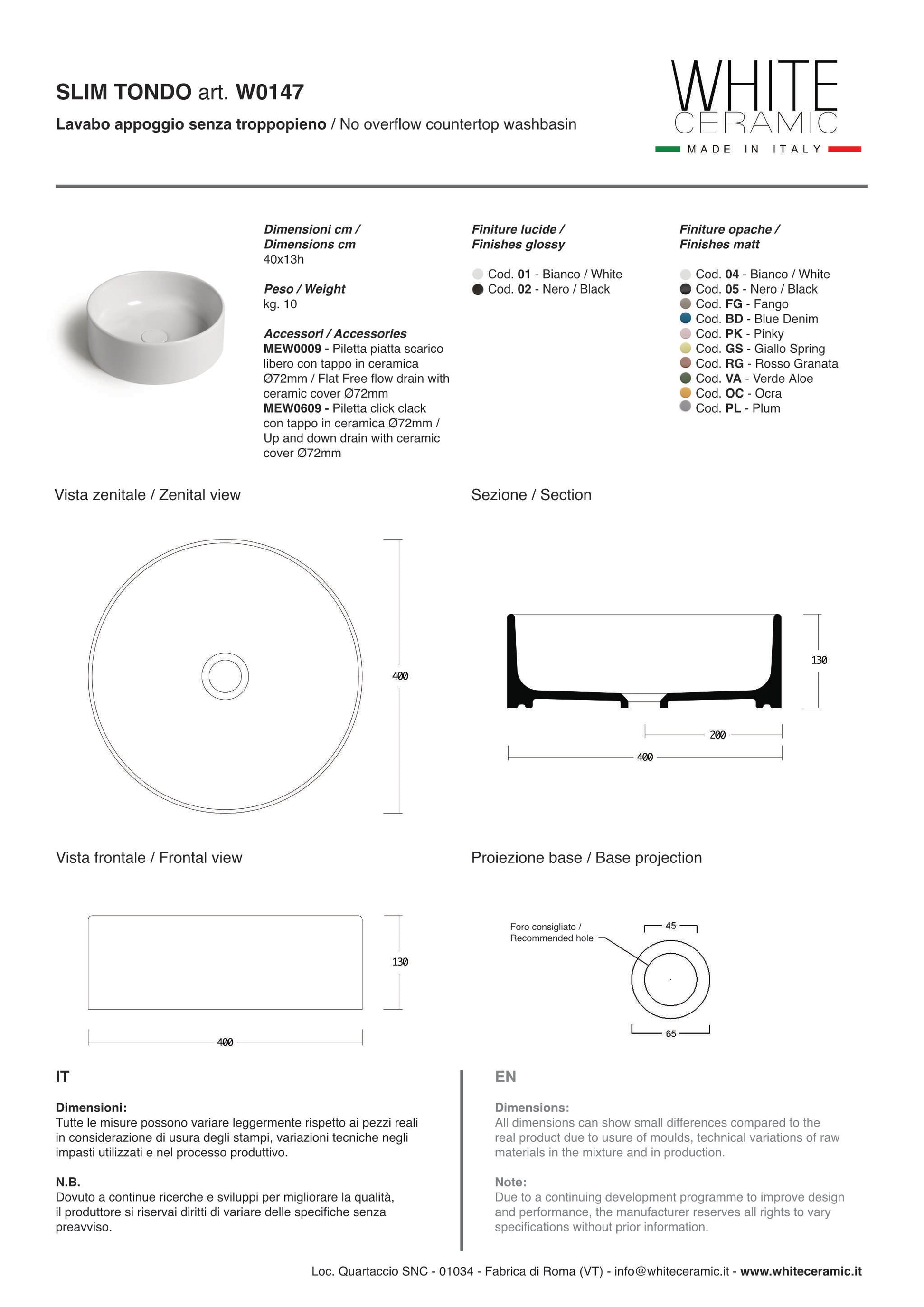 White ceramic scheda tecnica