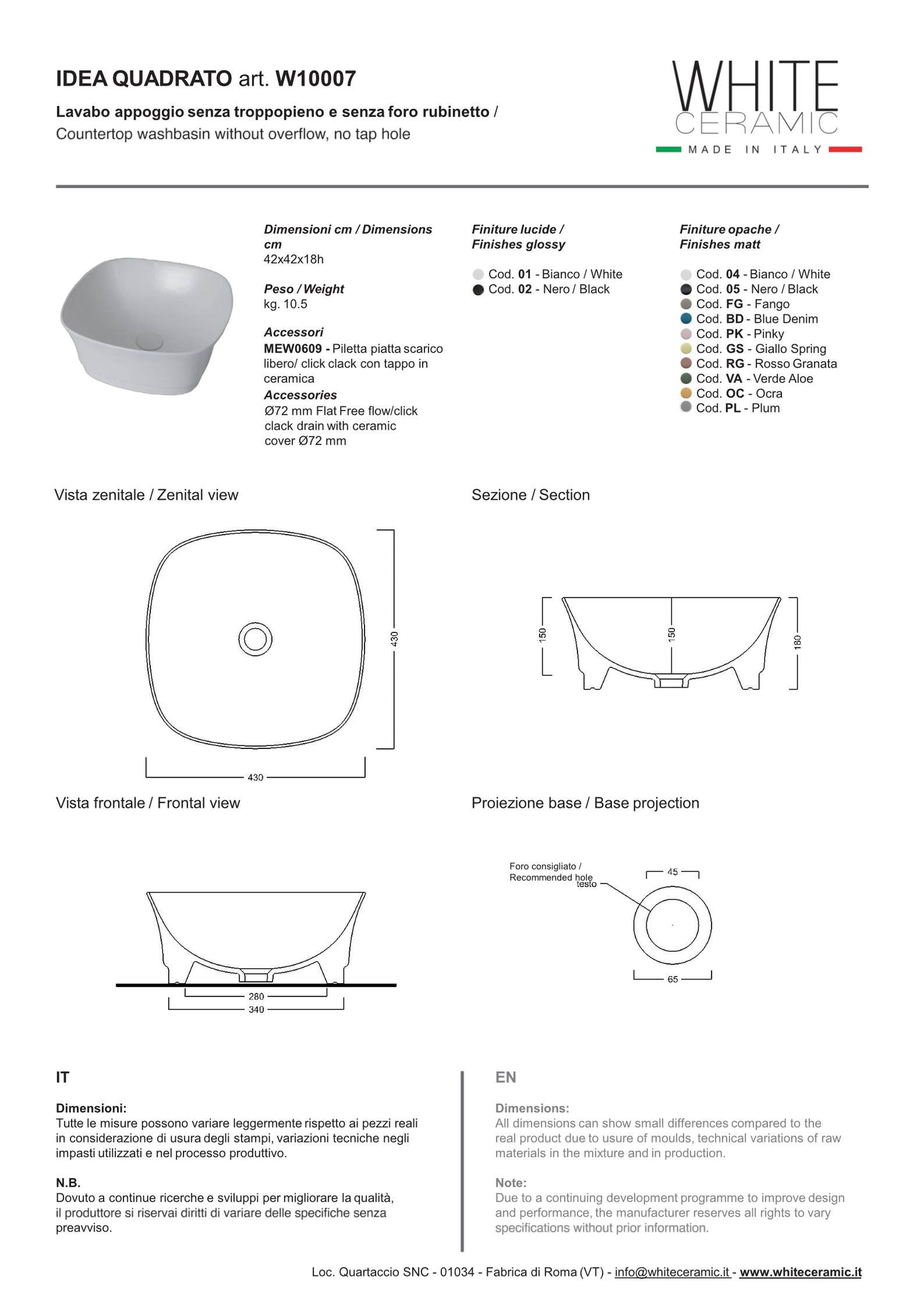 WHite ceramic Serie Idea - Lavabo appoggio quadrato scheda tecnica