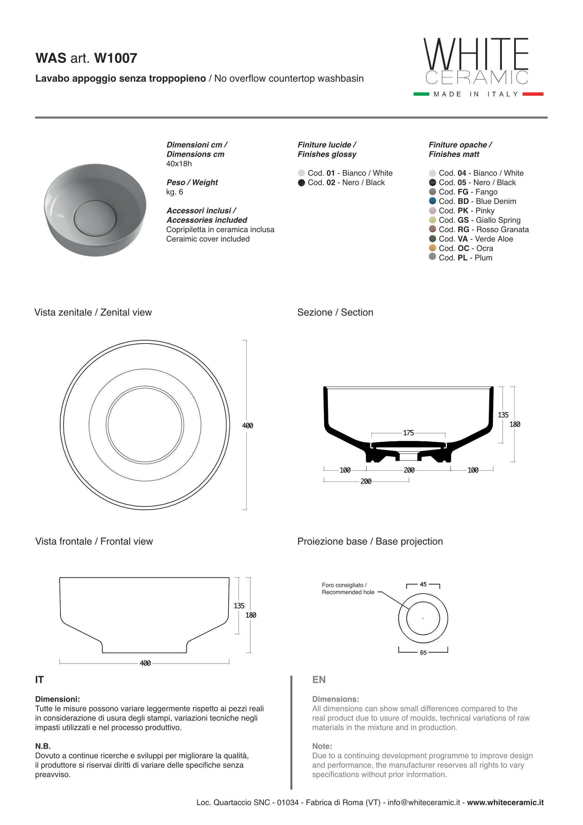 white ceramic Was - Lavabo scheda tecnica